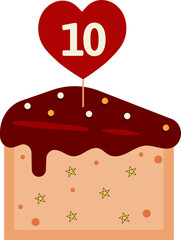 Vector illustration of birthday and anniversary cupcake  with number 10 red candle heart  greetings card or invitation 
