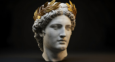 Ancient Greek Sculpture Marble Bust with Golden Laurel Wreath