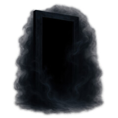 Dark mysterious door and portal with swirling grey mist. An eerie, ominous gateway creating sense of foreboding and supernatural. strange, magical opening