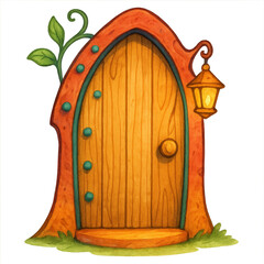 Whimsical and enchanting wooden door illustration from fantasy storybook. This magical entrance with glowing lantern invites you to secret, fairy tale world