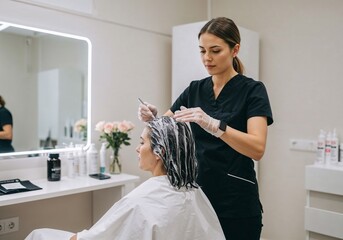 Hair stylist applying cream treatment to woman’s hair in spa salon
