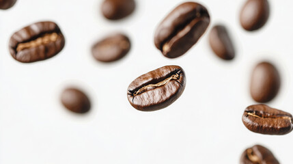 Fototapeta premium Coffee beans suspended mid-air against a white background.