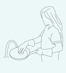 line art Woman with gloves and an apron smiles brightly as she washes dishes under running water at the sink.
