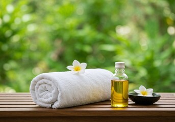 White towel and oil on wooden bench in outdoor spa setting