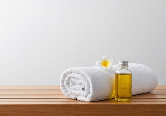 White towel and oil bottle on wooden bench with flower and white wall