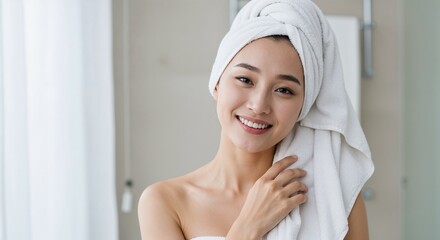 Young Asian woman smiling with towel wrap in bathroom