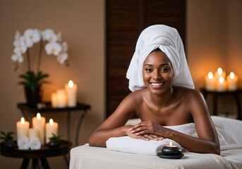 A smiling dark-skinned woman wrapped in a towel relaxes in a candlelit spa