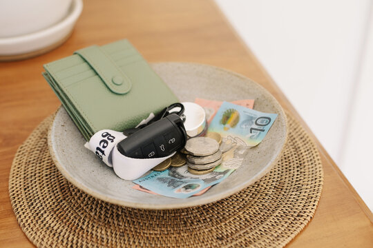 keys and wallet in a bowl