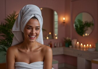 Smiling woman with towel wrap in pink spa room