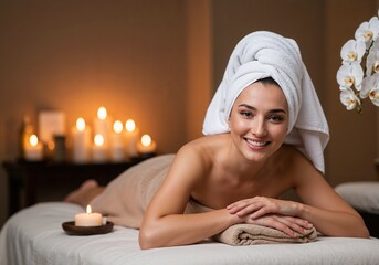 Woman smiling on massage table with towel wrap