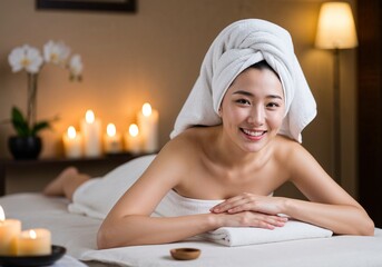 キャンドルライトのスパで横たわるタオルケットを巻いた幸せな女性