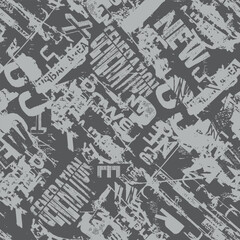 Abstract seamless chaotic pattern with urban geometric elements, scuffed, drops, sprays, triangles. Grunge neon texture background. Wallpaper for boys and girls