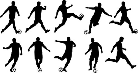 Vector set silhouettes of Soccer player kicking ball, abstract isolated vector silhouette, footballer logo
