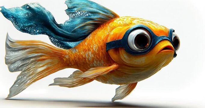 A golden fish wearing goggles and a blue cape on a white background