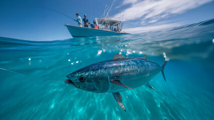 Split-shot of a fisherman boat and a large tuna in the sea.  Close-up of the fish. Horizontal layout