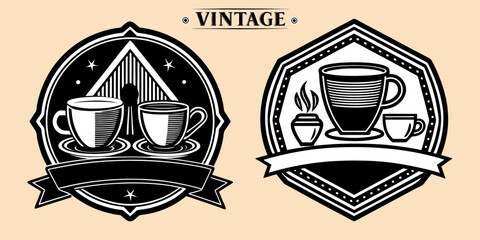 Vintage-style blank signs for cafes, black and white, with minimal doodle icons like cups or utensils