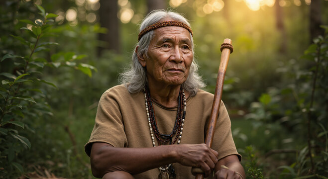 Elderly Indigenous man sitting with a walking stick in a forest  