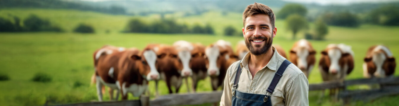 Portrait of smiling farmer against his farm background. Cows in the field. Web banner