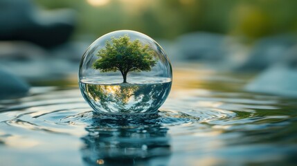 Crystal sphere with a tree, resting on water