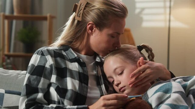 Family at home mother caring daughter kid girl measure temperature with thermometer worried about fever woman mum kissing child forehead cuddling hugging health medicine problem symptoms illness sick