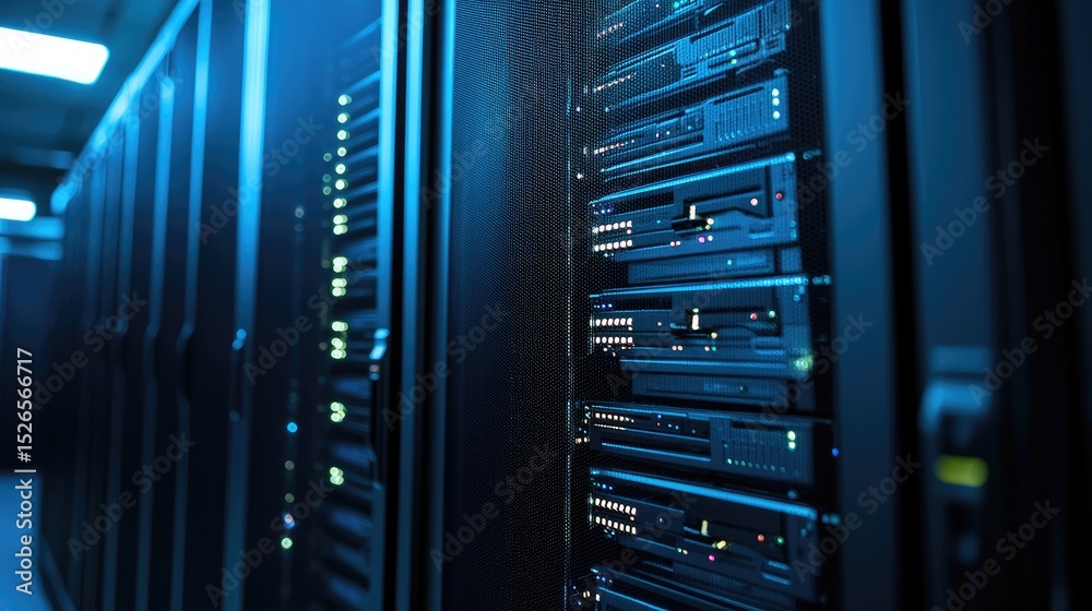Poster Secure data center with illuminated server units and sleek blue lighting, perfect for themes involving cloud technology, IT operations, cybersecurity, and digital infrastructure