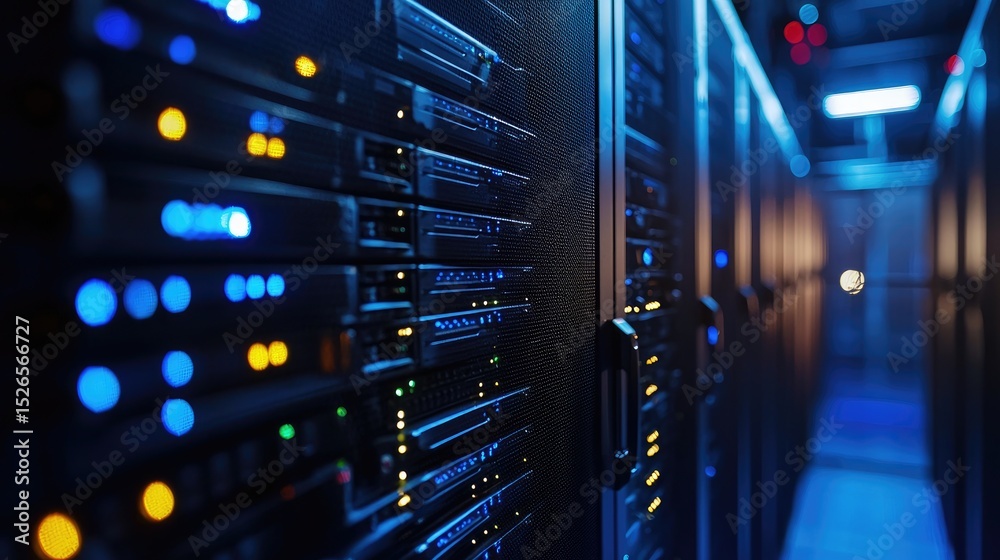 Aufkleber dimly lit data center corridor with glowing server racks and mixed led indicators, perfect for cyber