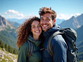 Ein junges verliebtes Paar wandert gemeinsam mit Freude durch die Berge bei Sonne