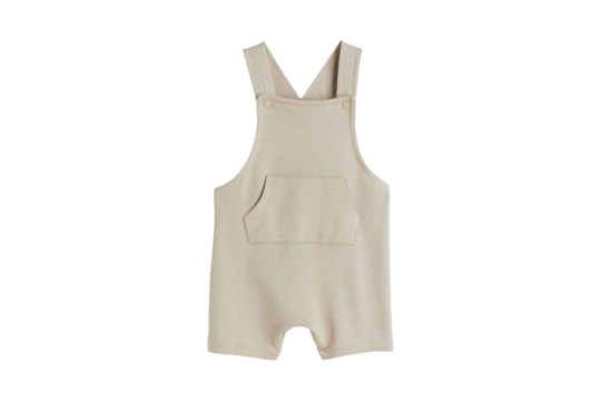 Neutral colored baby romper with front pocket against a black background isolated design