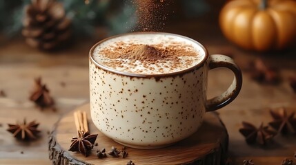Warm latte with cinnamon is the perfect autumn drink in a cozy, rustic setting.