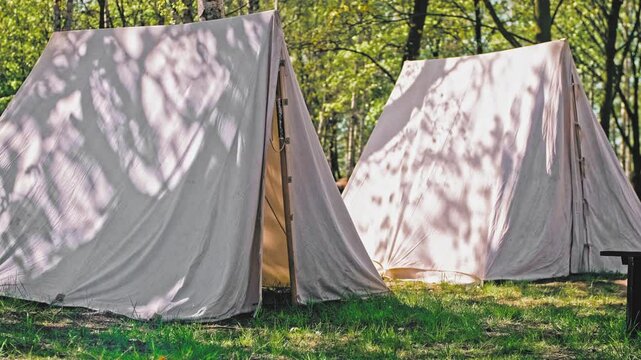 Napoleonic Era Military Cotton Cloth Tent in Infantry Camp during Historical Battle ReenactmentEvent