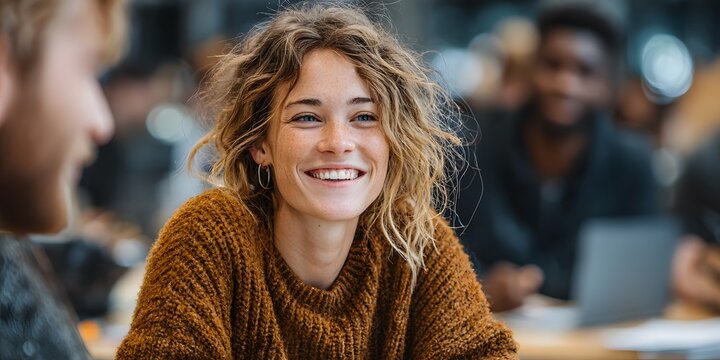Candid, over-the-shoulder shot captures diverse university students collaborating at a table in a modern library, engaged in a lively, focused discussion.