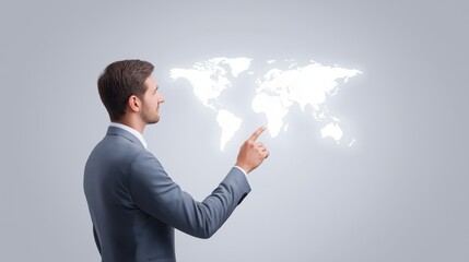 Businessman interacting with a holographic map of the world in a modern office setting.