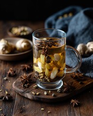 Herbal tea preparation cozy kitchen beverage photography warm ambiance