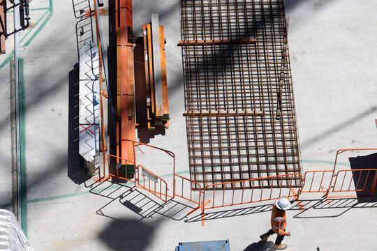Overhead view of a construction site with construction worker