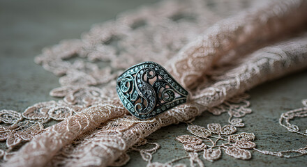 Fototapeta premium Ornate ring on lace
