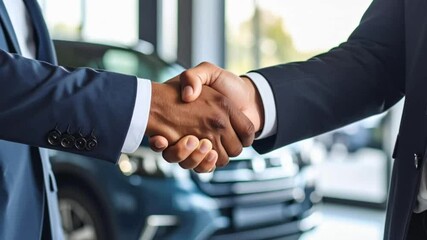 Handshake between customer and salesman in car dealership showroom, symbolizing successful car loan agreement, cooperation, and automotive business


.Similar images available in my portfolio