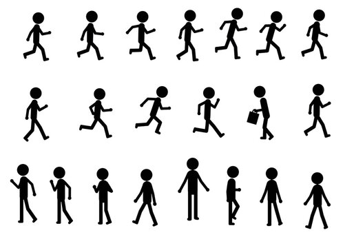 Various stick figure poses depicting walking running and standing in a black and white illustration