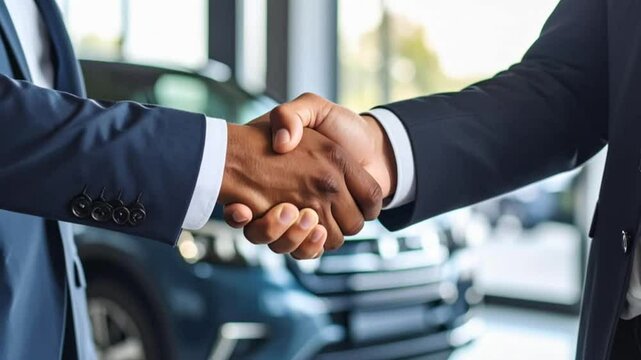 Handshake between customer and salesman in car dealership showroom, symbolizing successful car loan agreement, cooperation, and automotive business


.Similar images available in my portfolio