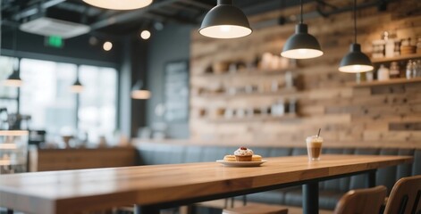 Smooth wooden table with blurred modern coffee shop, bokeh lights and wooden wall decor, clean stylish mockup scene