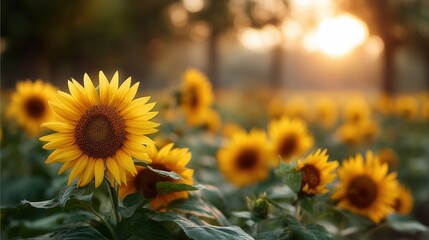 Naklejka premium Sunflower blooming at sunset nature photography outdoor serenity