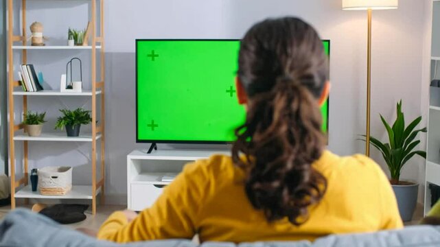 Woman watching TV with green screen in horizontal format, sitting on sofa in cozy living room**

