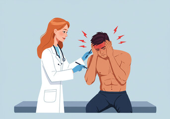Fototapeta premium Female doctor examining a male patient with headache in a clinic setting illustration art style