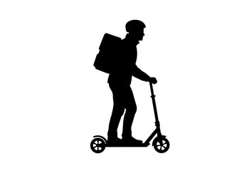 Silhouette of a delivery person on a scooter with a backpack against a white background isolated image