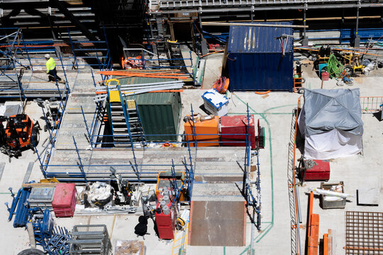 Overhead view of a construction site with construction worker