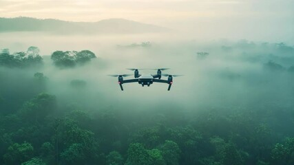 Drone footage captures misty rainforest canopy at sunrise for environmental awareness - Powered by Adobe