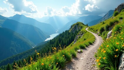 A winding mountain trail disappearing into the distance, lush green foliage and rocky terrain , foliage, outdoors