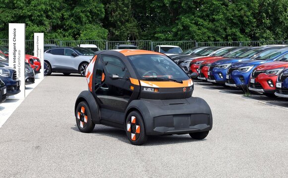 Tavagnacco, Italy. June 8, 2025. Mobilize Duo, two-seater electric quadricycle of Renault automaker by the official dealership.