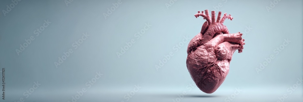 Poster 3D Anatomical Heart Design Hovering Above a Clean, Minimalist Background Highlighting Intricate Structures and Details Near Left Side