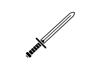 A black and white illustration of a sword with a detailed handle on a plain white background