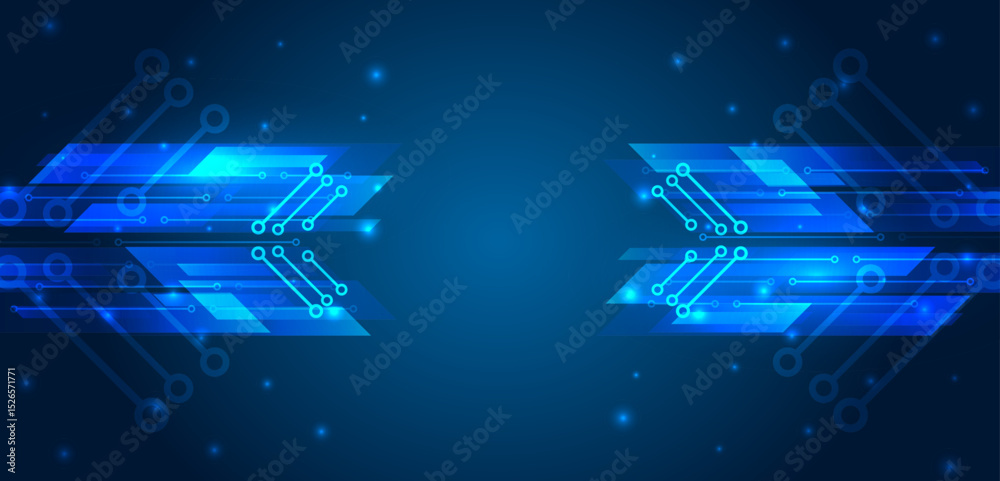 Aufkleber Futuristic technology background with glowing blue circuit lines and geometric arrows on dark gradient background. Data transfer, innovation and high-tech communication. Ideal for presentations.